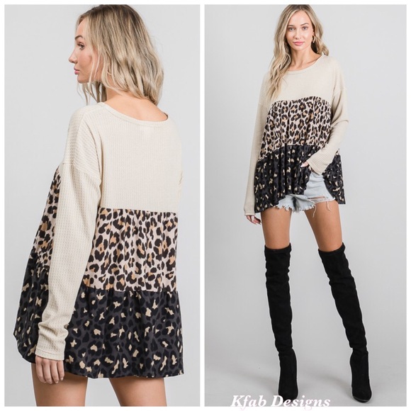 ❤️LAST!! Waffle Babydoll Leopard Color Block Top - Picture 10 of 11
